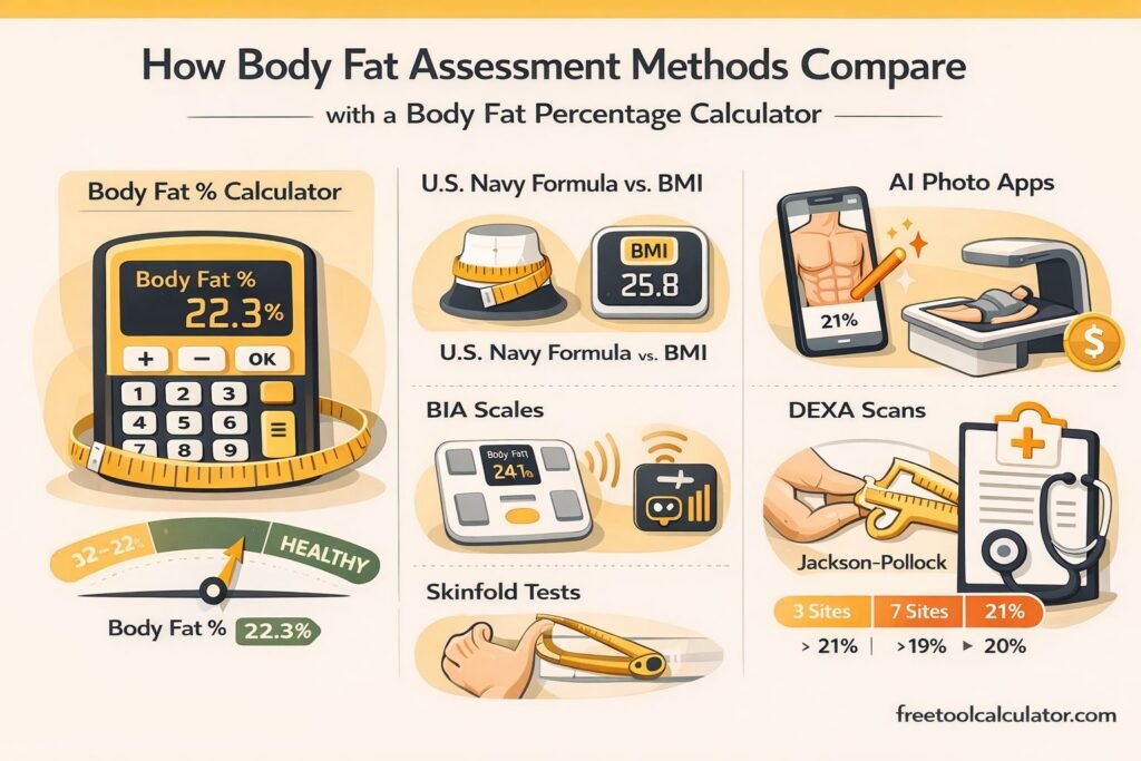 Body Fat Percentage Calculator Guide with Navy Formula, AI Apps, BIA, DEXA, and Caliper Methods