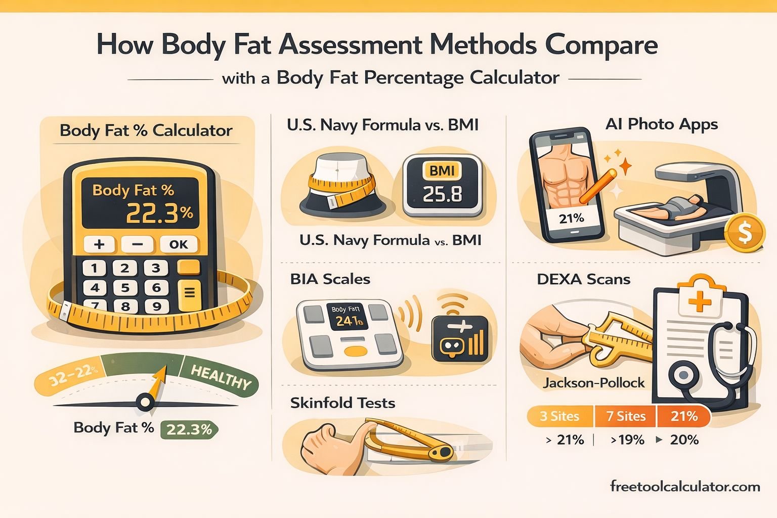 Body Fat Percentage Calculator Guide with Navy Formula, AI Apps, BIA, DEXA, and Caliper Methods