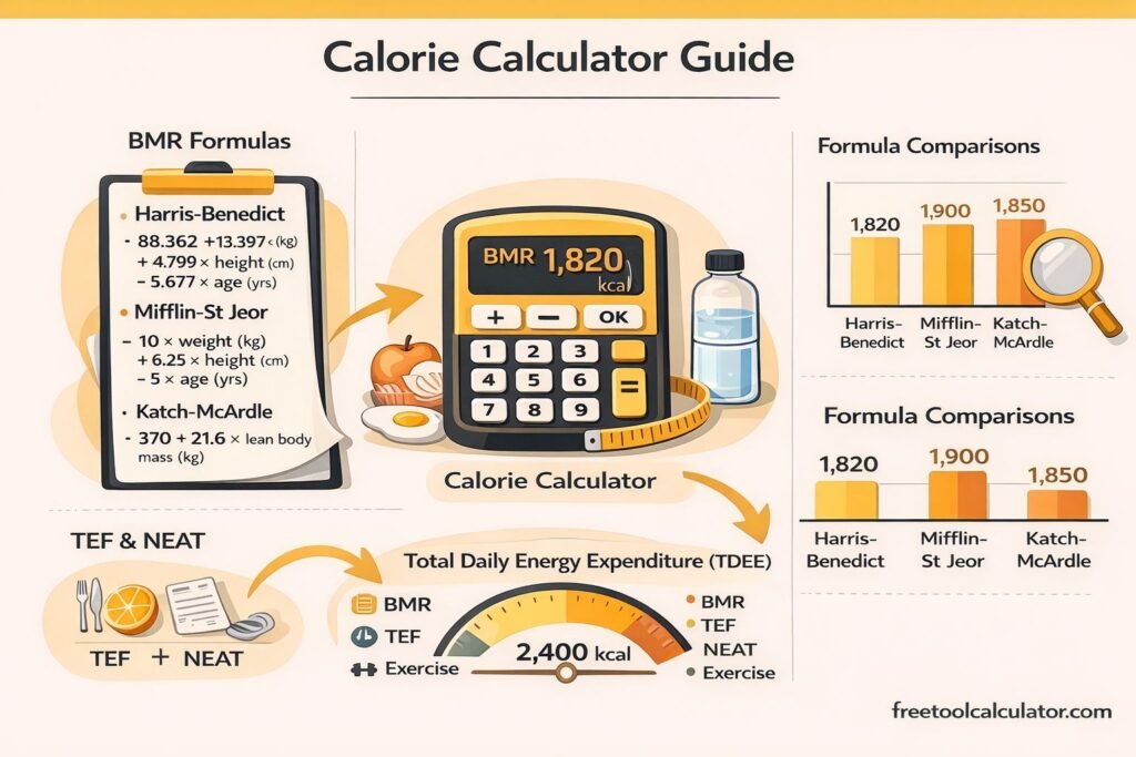 Calorie Calculator Guide with BMR, TDEE, TEF, NEAT, and Formula Comparisons