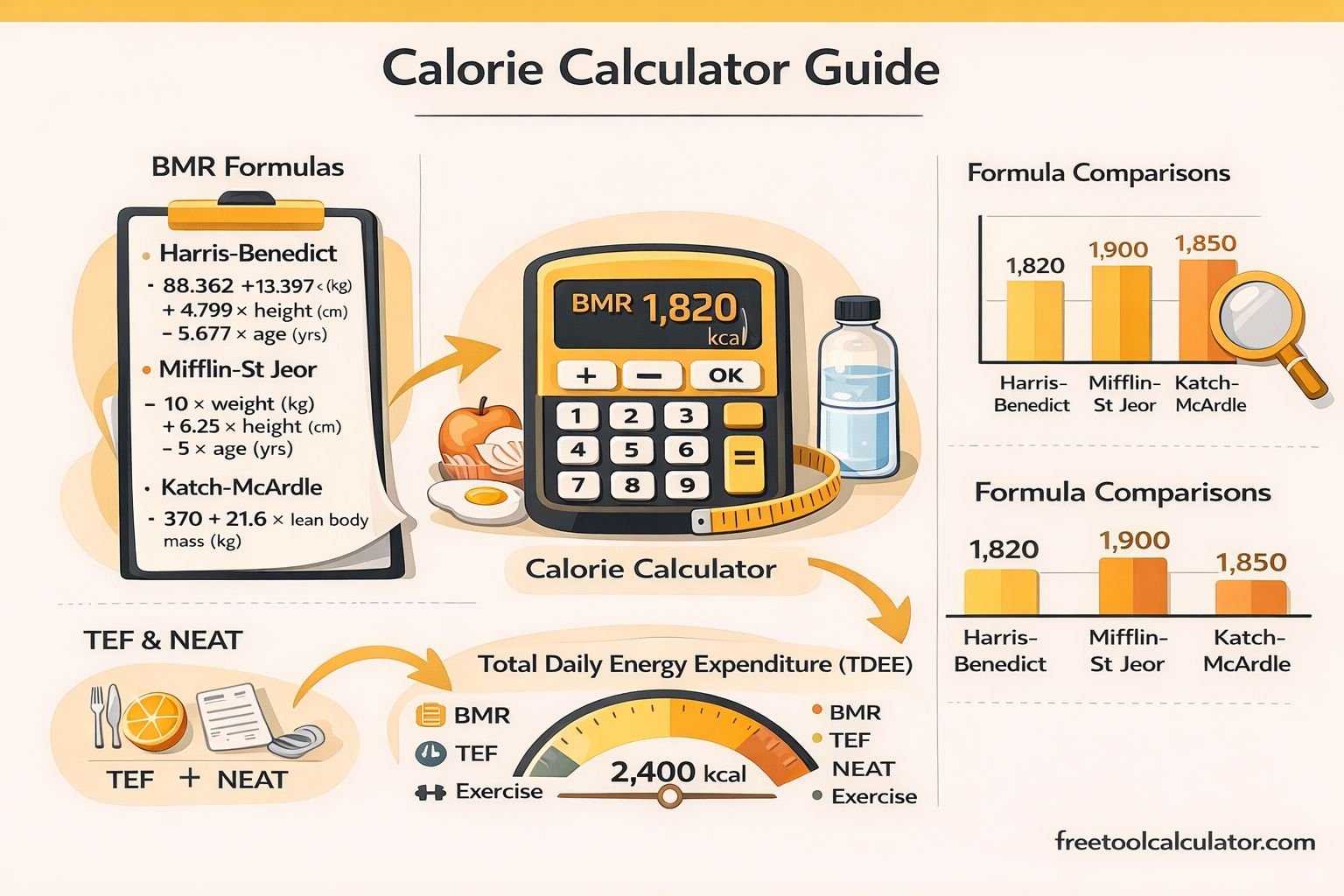 Calorie Calculator Guide with BMR, TDEE, TEF, NEAT, and Formula Comparisons
