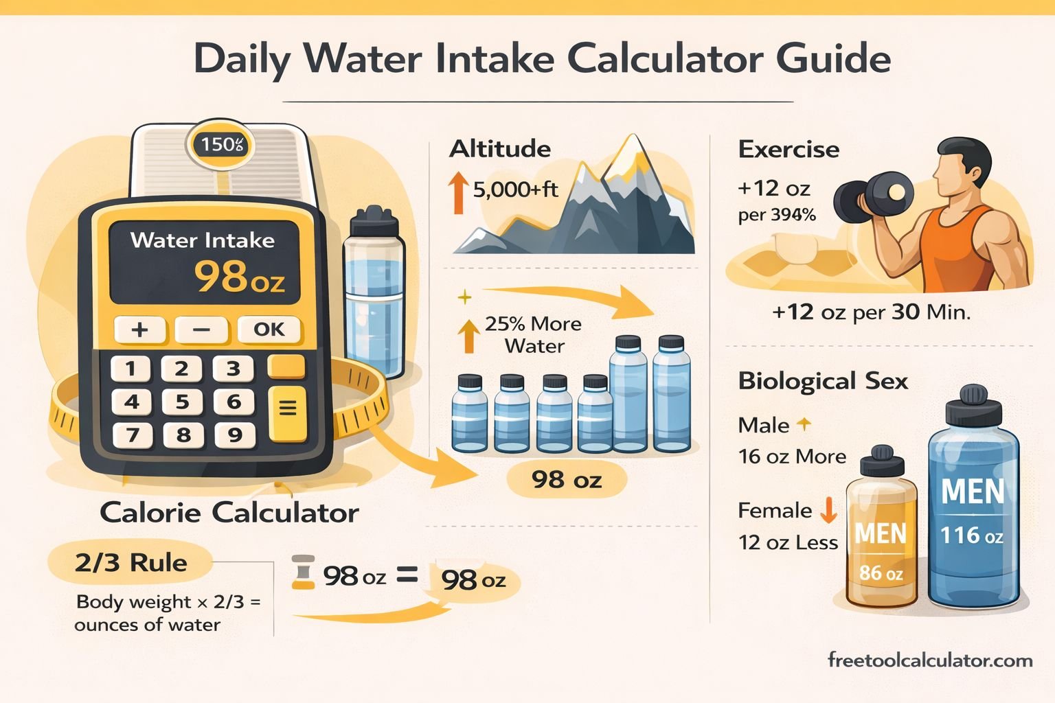 Daily Water Intake Calculator Guide with Hydration Rules, Altitude, Exercise, and Biological Sex Factors