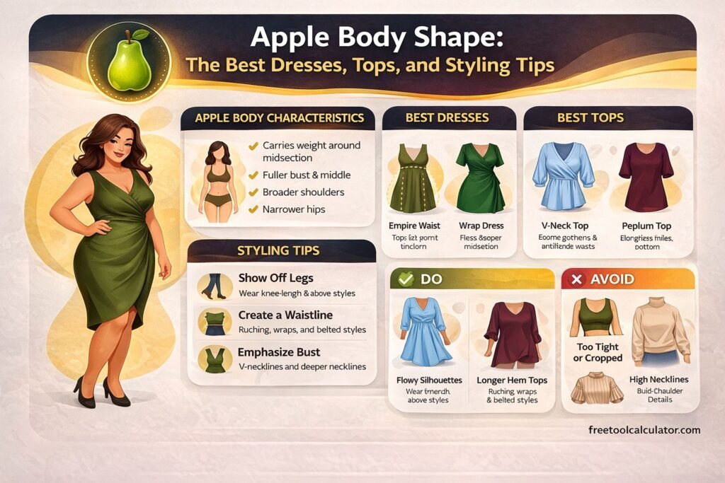 Apple Body Shape Best Dresses, Tops & Styling Tips