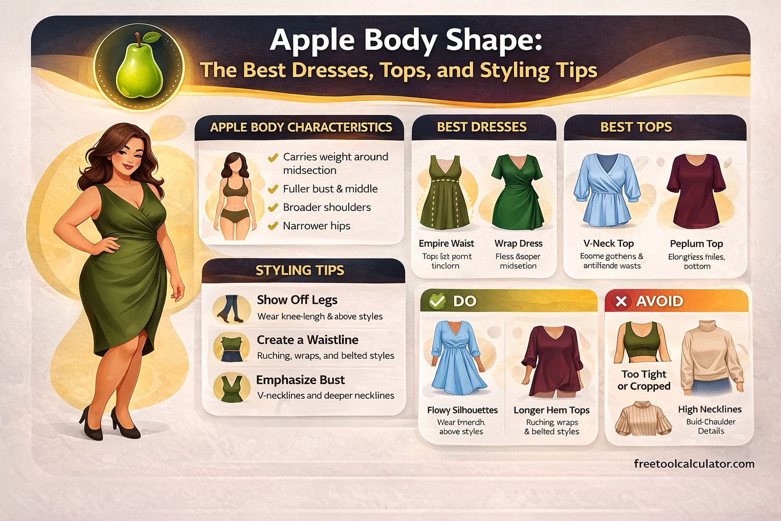Apple Body Shape Best Dresses, Tops & Styling Tips