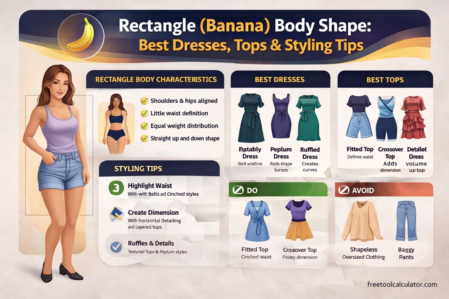 Rectangle (Banana) Body Shape: Best Dresses, Tops & Styling Tips