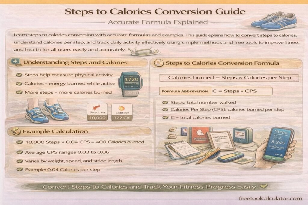 Steps to Calories Conversion and Why It Matters Steps to calories conversion is an important concept for anyone tracking fitness, weight loss, or daily activity levels. It helps estimate how many calories you burn based on the number of steps you take. This calculation is widely used in fitness tracking apps and wearable devices to give users a better understanding of their physical activity. Knowing how to convert steps to calories allows you to monitor your progress and adjust your routine accordingly. Whether you are trying to lose weight, maintain fitness, or improve overall health, understanding this conversion provides valuable insights. You can easily convert steps to calories using this free tool and get accurate results instantly. What Is Steps to Calories Conversion Steps to calories conversion refers to estimating the number of calories burned while walking or running based on step count. Since each step requires energy, your body burns calories during movement. The total calories burned depend on factors such as body weight, walking speed, and step length. This method is commonly used because it is simple and accessible. Most people track their steps daily using smartphones or fitness trackers, making it easy to estimate calorie burn without complex calculations. Understanding steps to calories helps you stay motivated and maintain consistency in your fitness journey. It also provides a clear measurement of your daily activity level. Steps to Calories Formula Explained The steps to calories formula is based on average energy expenditure per step. A common estimate is that a person burns approximately 0.04 to 0.06 calories per step. However, this value can vary depending on individual factors. A simple formula is Calories burned equals steps multiplied by calories per step For example, if you take 10000 steps and burn 0.05 calories per step, the total calories burned would be 500. This formula provides a quick estimate but may not be fully accurate for everyone. Using a reliable calculator ensures better precision and personalized results. Factors That Affect Calories Per Step Calories per step are not the same for everyone. Several factors influence how many calories you burn during physical activity. Body weight is one of the most important factors. Heavier individuals tend to burn more calories because their bodies require more energy to move. Walking speed also plays a role. Faster walking or running increases calorie burn compared to slow walking. Step length and terrain also affect energy expenditure. Walking uphill or on uneven surfaces requires more effort and burns more calories. Understanding these factors helps you make more accurate estimates when performing steps to calories conversion. How to Convert Steps to Calories Accurately To convert steps to calories accurately, start by tracking your daily step count. Then use an appropriate calorie per step value based on your body weight and activity level. Multiply the steps by this value to estimate calories burned. For more accurate results, it is recommended to use a tool that considers multiple factors. You can calculate steps to calories using this free calculator and get personalized results instantly. Using a dedicated tool ensures that your calculations are based on reliable data, making your fitness tracking more effective. Real Examples of Steps to Calories Conversion Examples make it easier to understand steps to calories conversion. If a person walks 5000 steps and burns approximately 0.05 calories per step, they would burn around 250 calories. Similarly, walking 10000 steps may burn about 400 to 600 calories depending on factors like weight and speed. These estimates show how increasing your step count can significantly impact calorie burn. Tracking your daily steps and converting them into calories helps you stay consistent and motivated in your fitness routine. Benefits of Tracking Steps to Calories Tracking steps to calories provides several benefits. It helps you understand how active you are throughout the day and encourages you to stay consistent. It also allows you to set realistic fitness goals and measure progress over time. For individuals trying to lose weight, this method provides a simple way to monitor calorie expenditure. It also helps in maintaining a balance between calorie intake and output. Using tools like a calorie calculator can further enhance your understanding of daily energy needs and improve your overall fitness plan. Common Mistakes in Steps to Calories Calculation One common mistake is assuming that calories per step are the same for everyone. This can lead to inaccurate estimates. Another mistake is ignoring factors such as walking speed and terrain, which can significantly affect calorie burn. Relying solely on step count without considering overall activity level is another issue. For example, strength training and other exercises also contribute to calorie burn but are not reflected in step count. Using accurate tools and understanding the limitations of step based calculations helps avoid these mistakes. Advanced Tips to Improve Accuracy To improve accuracy, consider using wearable devices that track additional metrics such as heart rate and distance. These devices provide more precise calorie estimates. Maintaining a consistent walking routine also helps in getting reliable data. Tracking your progress over time allows you to identify patterns and make necessary adjustments. Combining step tracking with other tools like a tdee calculator can give a complete picture of your daily energy expenditure. This approach helps you manage your fitness goals more effectively. How Steps to Calories Helps in Weight Loss Steps to calories conversion is a useful tool for weight loss. By increasing your daily step count, you can burn more calories and create a calorie deficit, which is essential for losing weight. For example, adding an extra 2000 steps to your daily routine can burn additional calories over time. This small change can lead to significant results when combined with a balanced diet. Understanding how to convert steps to calories allows you to set realistic goals and track your progress effectively. It also helps you stay motivated and consistent. Conclusion Steps to Calories Conversion Made Simple Steps to calories conversion is a simple yet powerful way to track your physical activity and improve your health. By understanding the steps to calories formula and using accurate tools, you can estimate your calorie burn effectively. If you want precise and instant results, you can use this free steps to calories calculator and track your daily activity with ease. Combining this with other health tools ensures a complete and effective fitness strategy for long term success.